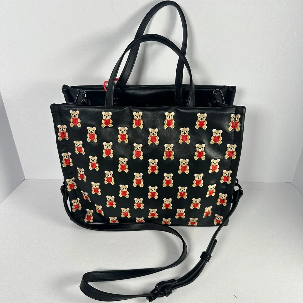 Betsey Johnson Tote Bag Women Black Embroidered Teddy Bear Heart Crossbody
